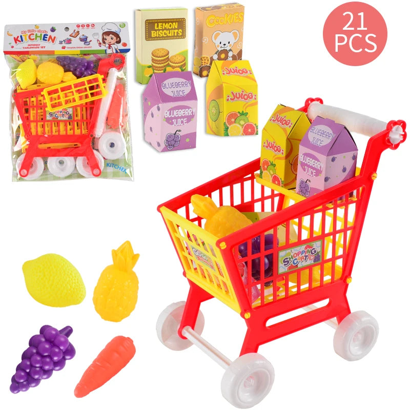 Shopping Cart Toys, Trolley for Groceries Supermarket Playset Fruit Vegetables Play Food Role Kitchen Store Toys for 3+ Kids