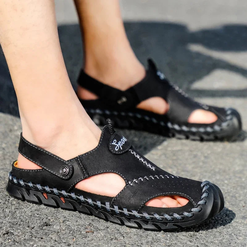 Men Cowhide Sandals Slip On With Rubber Bottom Casual Outdoor