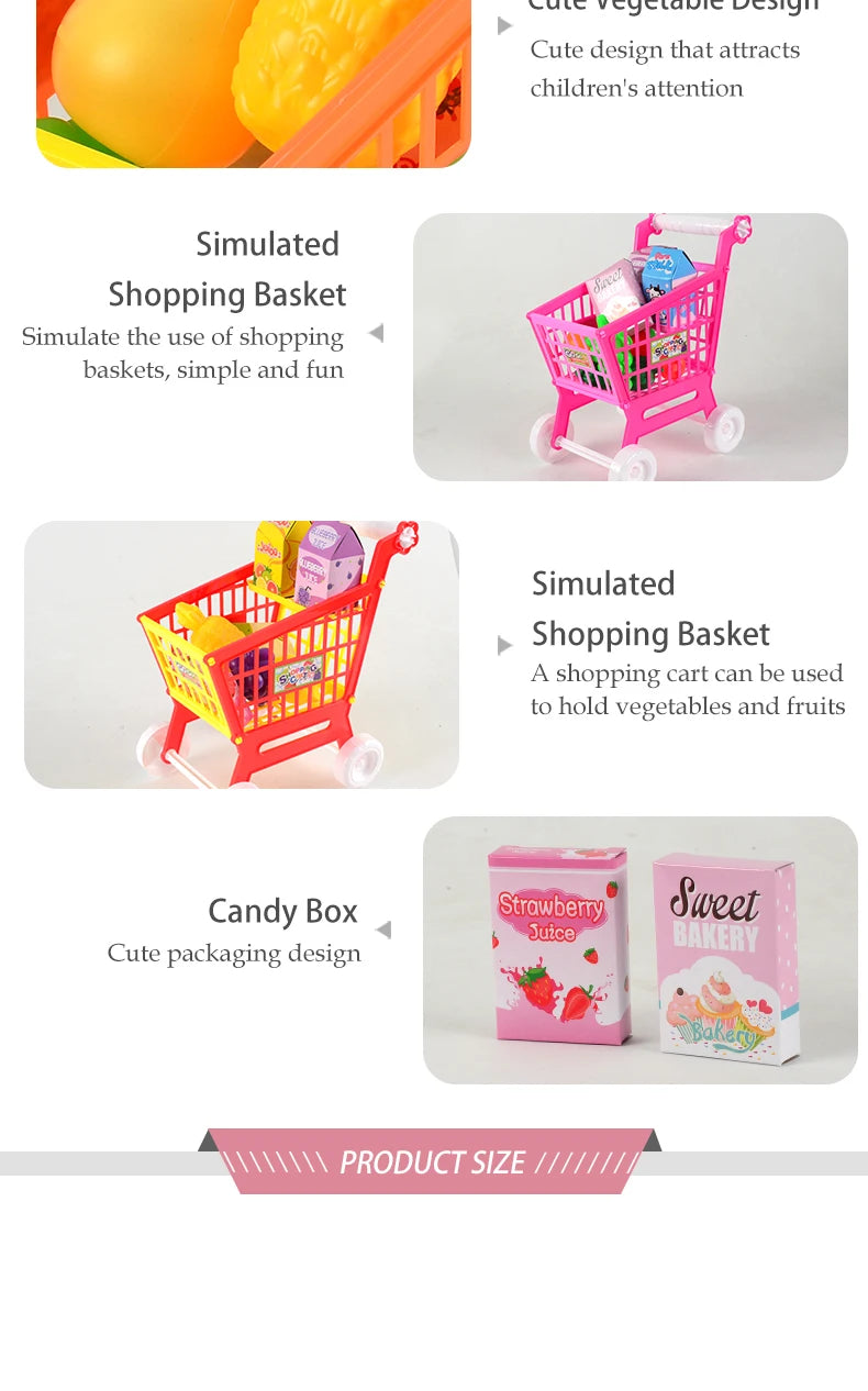 Shopping Cart Toys, Trolley for Groceries Supermarket Playset Fruit Vegetables Play Food Role Kitchen Store Toys for 3+ Kids