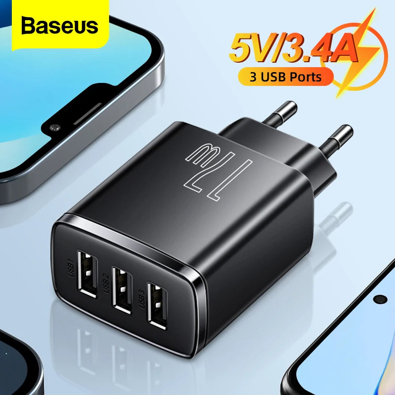 Baseus 17W USB Charger 3 USB Fast Charging Charger For iPhone Xiaomi Mobile Phone Portable Multiple Port Wall Charger EU Adapter