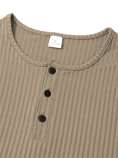 Men's Collarless Button-Front Knit Shirt Plus Size Long Sleeve Elastane