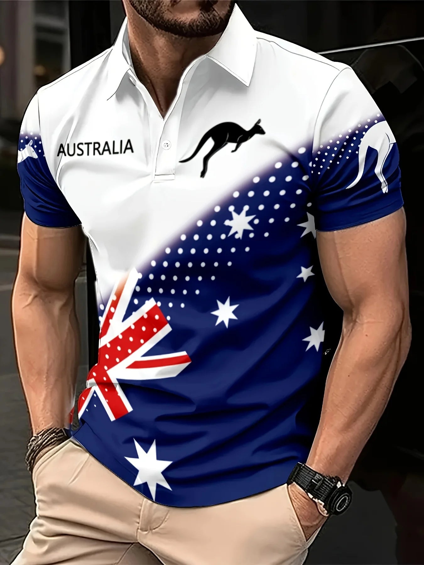 Australian Flag Kangaroo Print Men's Casual and Comfortable Short-Sleeved Polo Shirt