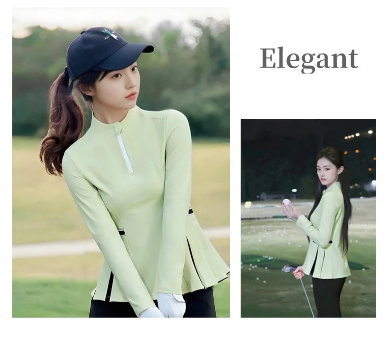 2025 New Golf Shirt Women Long Sleeve Zipper Collar T-Shirt Ladies Slim Pleated Golf Tops Breathable Casual Tennis Sportswear