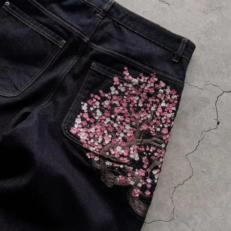 Unisex Denim Jeans With Plum Blossom Embroidery Wide Leg