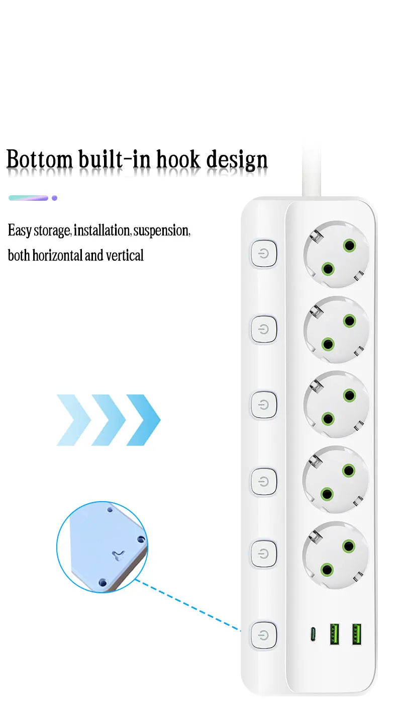 EU Plug Electrical Socket with 3/5 AC Outlets 2 USB Ports + 1 Type C 6/8-in-1 Plug Socket Adapter 2M Power Strip for Home Office