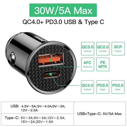 USB Car Charger 30W Type C PD QC 4.0 3.0 PPS SCP FCP