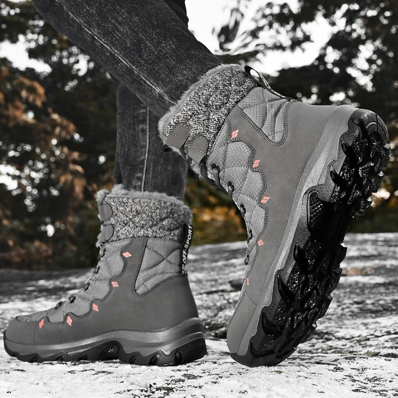 Men's Winter Snow Boots Leather Waterproof Mid-Calf Plush Lining Lace-Up