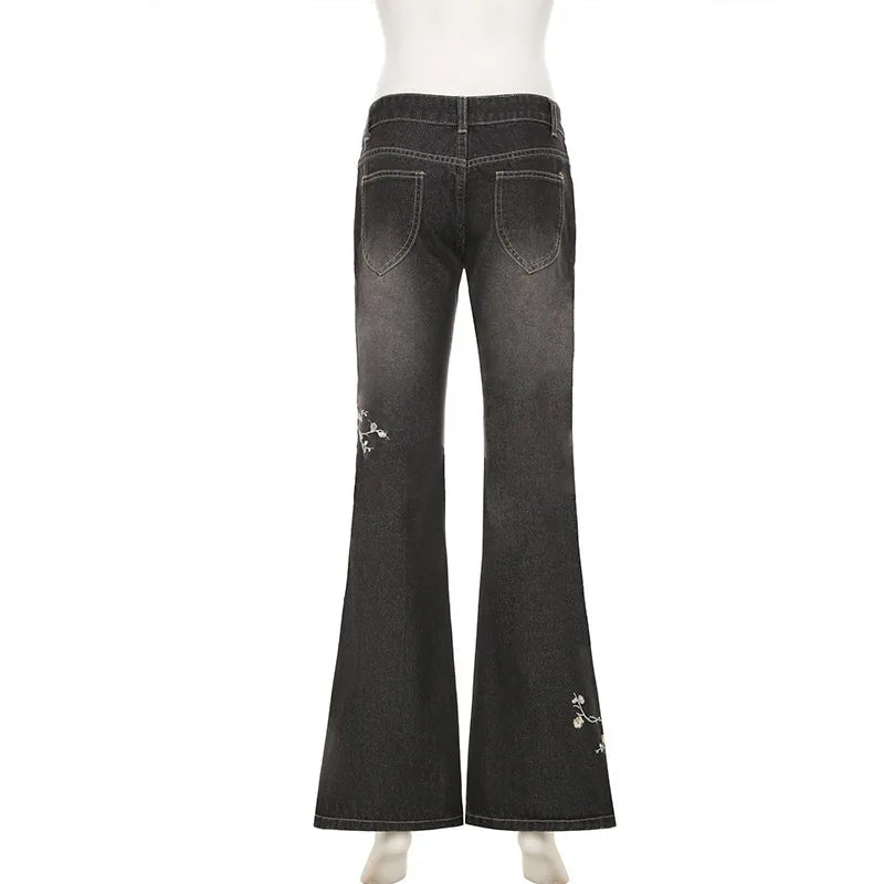 Floral Embroidery Jeans Vintage 2000s Low Rise Flared Jeans Women Retro Y2k Baggy Denim Pants High Street Basic Trousers