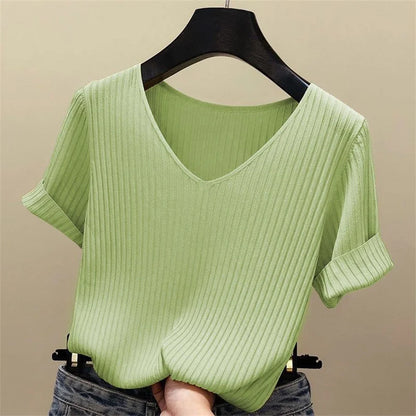 Women's Summer Short Sleeve Knitted Polyester Blouse V-Neck Top