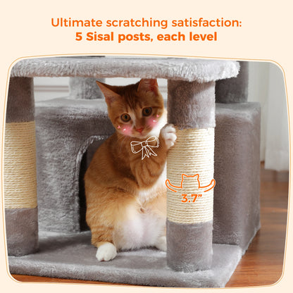 Cat Tree Tower With Five Levels, Wood Frame, Plush Fabric, Sisal