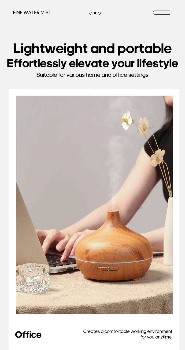 KINSCOTER Wood Grain Aromatherapy Diffuser 300ml Essential Aroma Oils Ultrasonic Air Humidifier 3 Timers USB Color Light