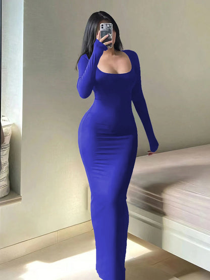 Women's Solid Long Sleeve Bodycon Dress Ankle Length Polyester Elastane
