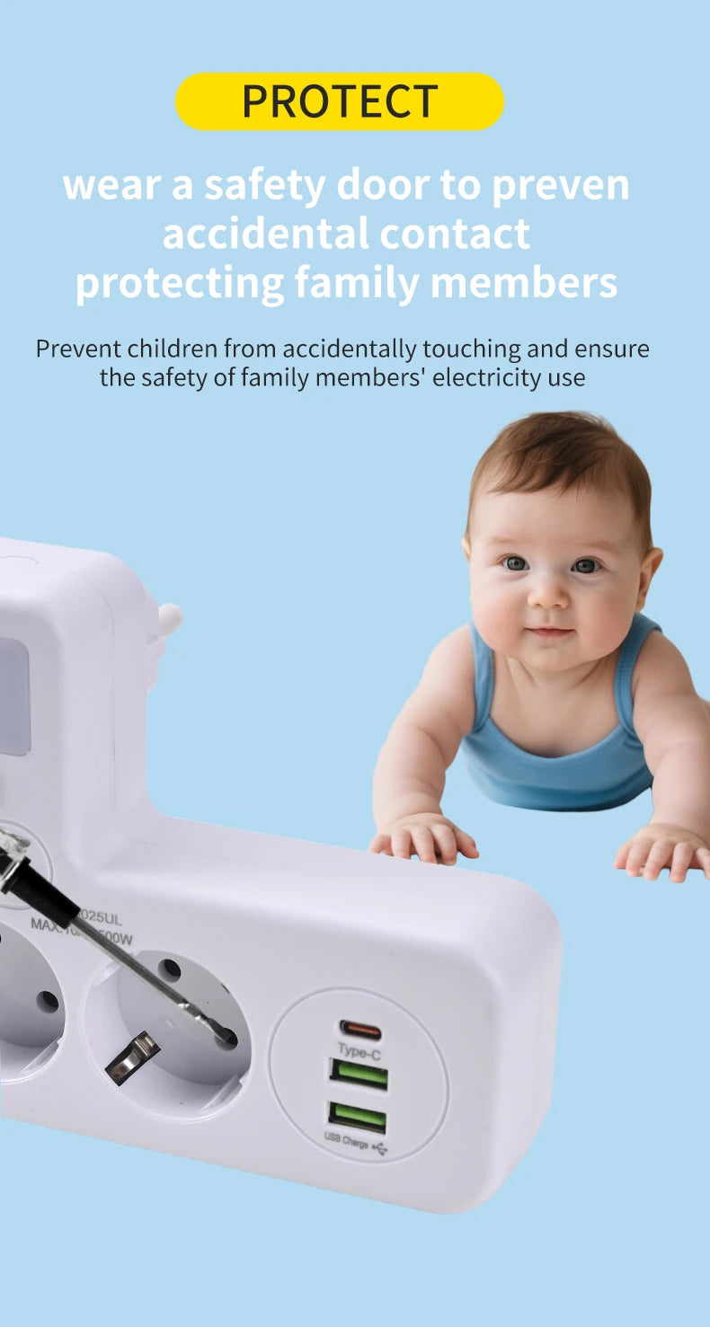 EU Plug Power Strip 4 AC Outlets 2 USB 1 Type-C Ports Two specifications Independent switch with small night light