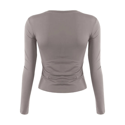 O-Neck Long Sleeve Cropped Top For Women Broadcloth Polyester