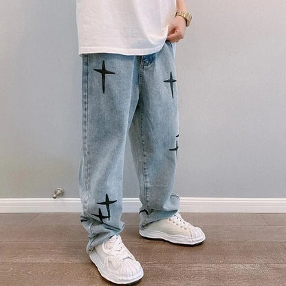 Mens Loose Cargo Jeans Boyfriend Straight Fit Star Print Wide Leg