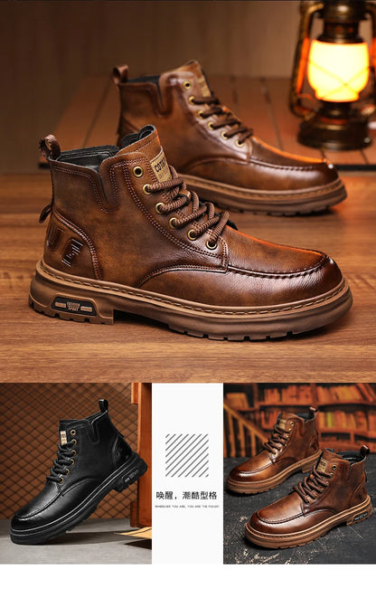 Brown Leather Mens Ankle Boots Lace Up Platform Outdoor