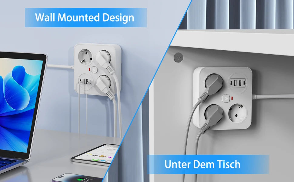 European plug extension cord power strip with 3AC+2USB-A+2USB-C with switch multi-contact socket 13A 250V 3250W surge protector