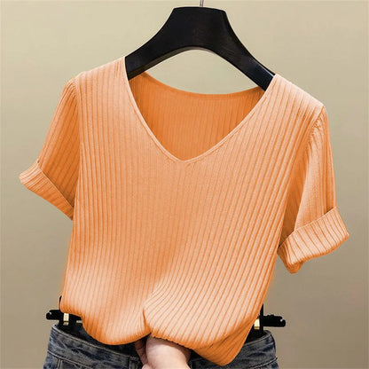 Women's Summer Short Sleeve Knitted Polyester Blouse V-Neck Top
