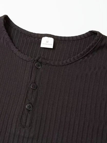 Men's Collarless Button-Front Knit Shirt Plus Size Long Sleeve Elastane