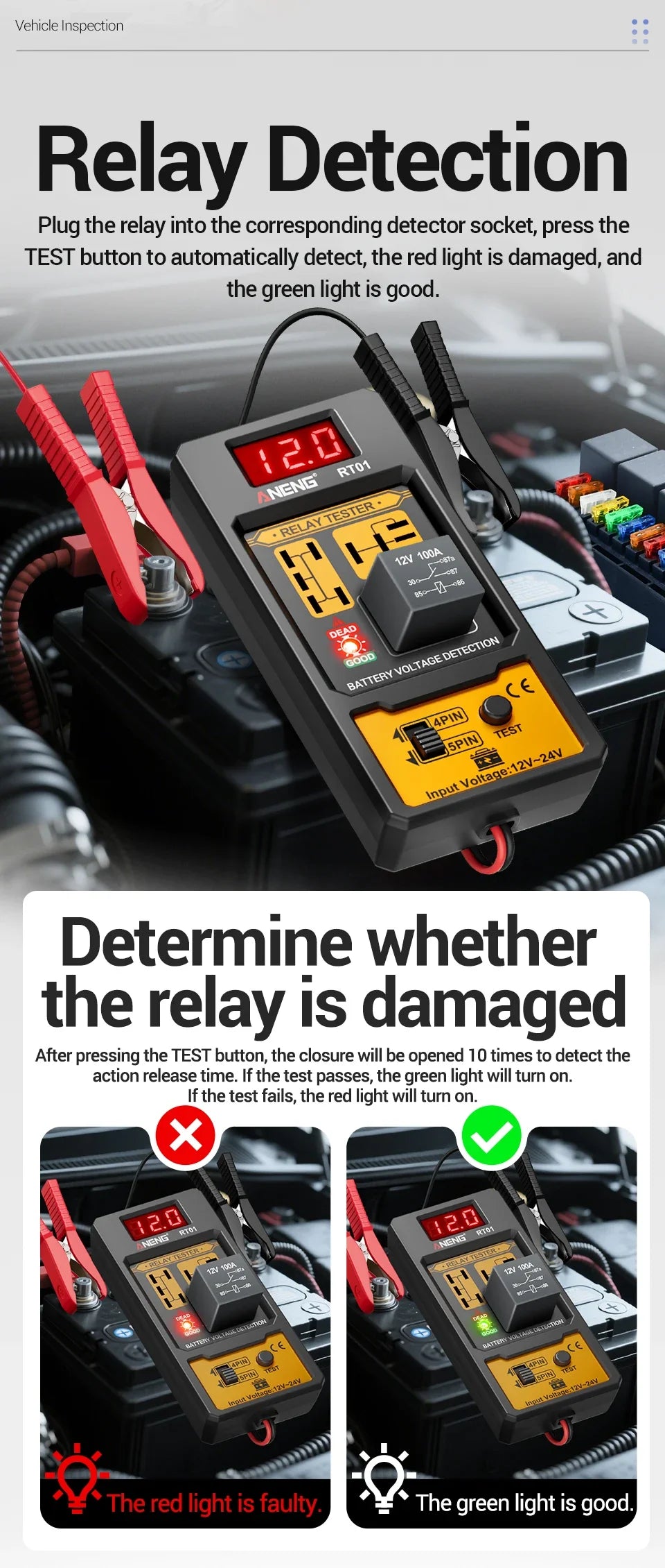 ANENG 11-25V Relay Detector RT01 Digital Universal 4/5 Pins Car Battery Vehicle Detection Digital Display Voltage Battery Tester