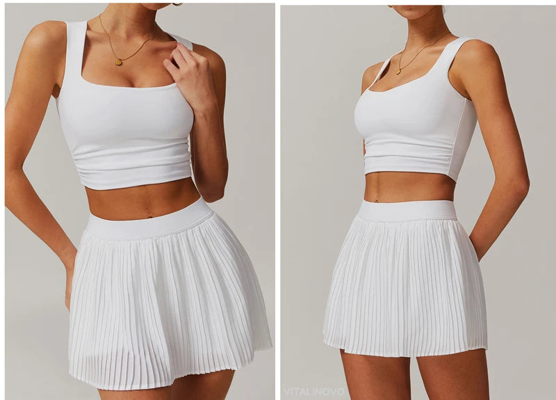 VITALINOVO Tennis Dress for Women 2 Pieces High Waisted Pleated Skirt Sets Racerback Padded Workout Crop Tank Tops Golf Workout