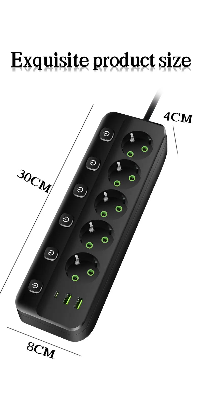 EU Plug Electrical Socket with 3/5 AC Outlets 2 USB Ports + 1 Type C 6/8-in-1 Plug Socket Adapter 2M Power Strip for Home Office