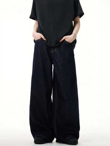 Men's Denim Pants Wide Leg Loose Jeans Vintage Wash Casual Straight