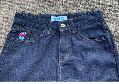 Y2K Embroidered Baggy Jeans For Women High Waist Denim Blue