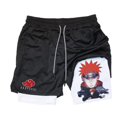 2-In-1 Compression Running Shorts With Towel Loop Pockets Anime Print