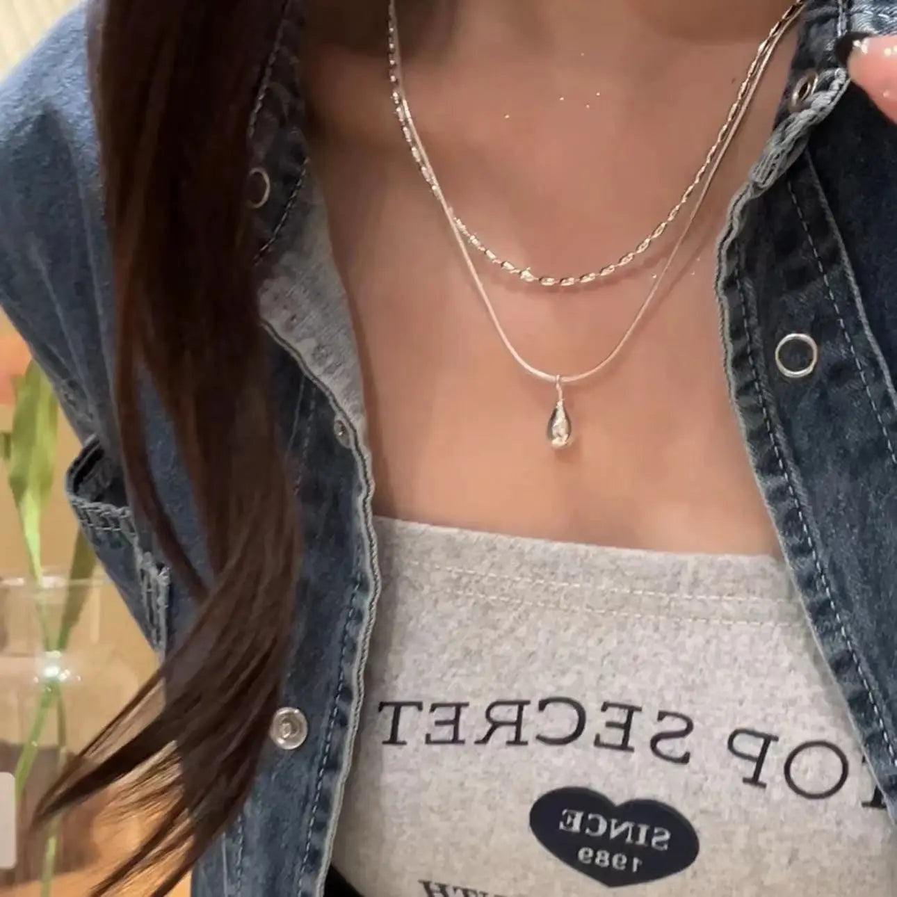 2025 Silver Simple Design Drop Pendant Necklace for Women Double Collar Chain Fashion Fine Jewelry Gifts Long Layered Necklace