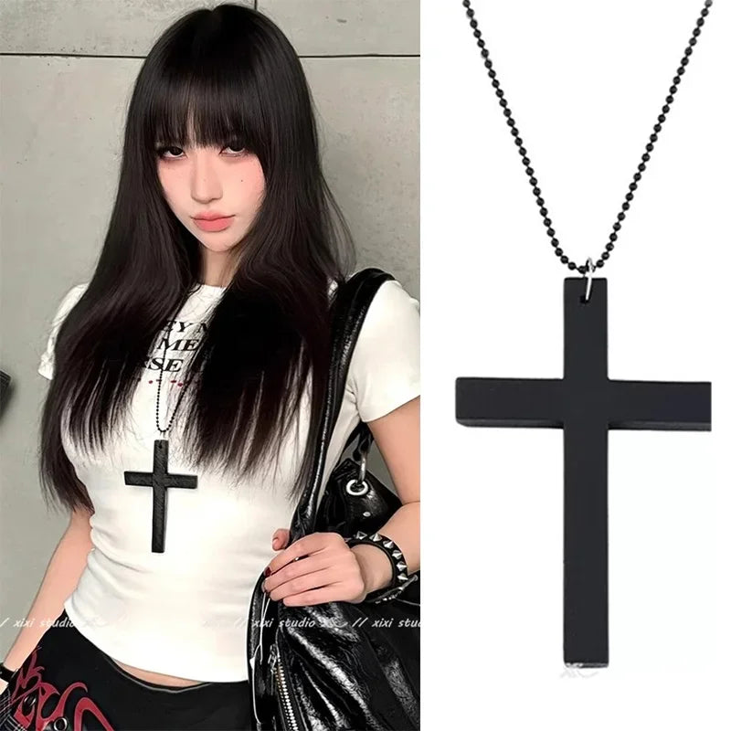 2025 New Cool Punk Gothic Wood Cross Pendant Necklace for Women Men Vintage Black White Hip Hop Y2k Necklace Party Jewelry Gift
