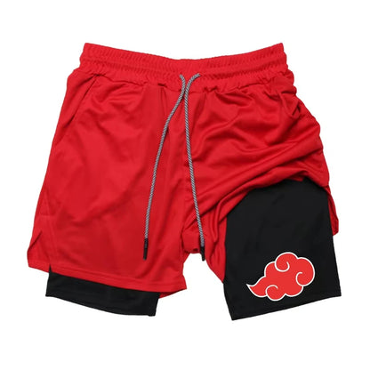 2-In-1 Compression Running Shorts With Towel Loop Pockets Anime Print