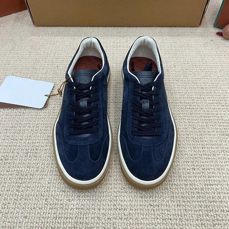 Men's Genuine Leather Lace Up Round Toe Trainer Shoes White