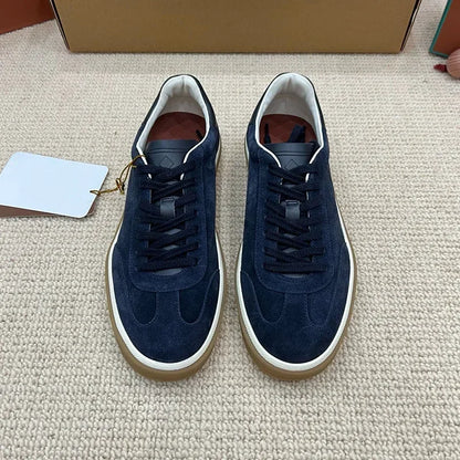 Men's Genuine Leather Lace Up Round Toe Trainer Shoes White