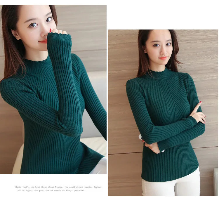 2025 Autumn Women Mock Neck Ruffles Sweater Long Sleeve Knitted Bottoming Solid Pullovers Stripe Women Casual Sweater Winter