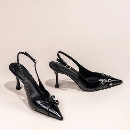 Women Black Pointed Toe Stiletto High Heel Shoes Back Strap Buckle Decor