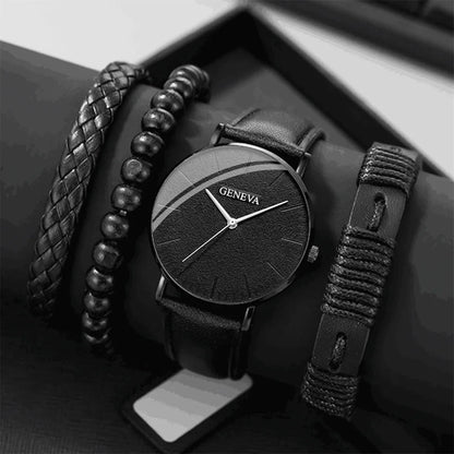Men’s Stylish Leather Watch & Bracelet Set