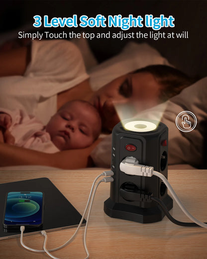 8-Outlet Power Strip Tower With 5 USB Ports, Independent Control Switch, 3m Cord