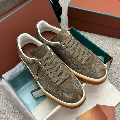 Men's Genuine Leather Lace Up Round Toe Trainer Shoes White