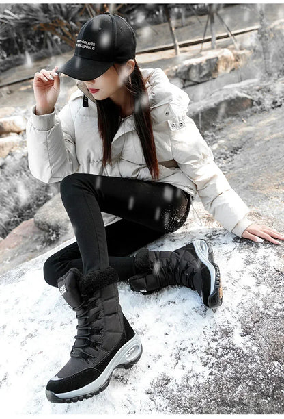 Women's Ankle Snow Boots With Fur Lining PU Waterproof Lace Up Winter
