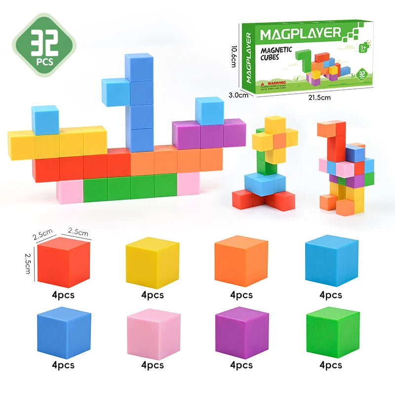 Magplayer 2.5cm Magnet Building Blocks 32PCS Educational Toys Plastic Puzzle STEM Magnetic Cubes Christmas Gifts for Toddler Kid