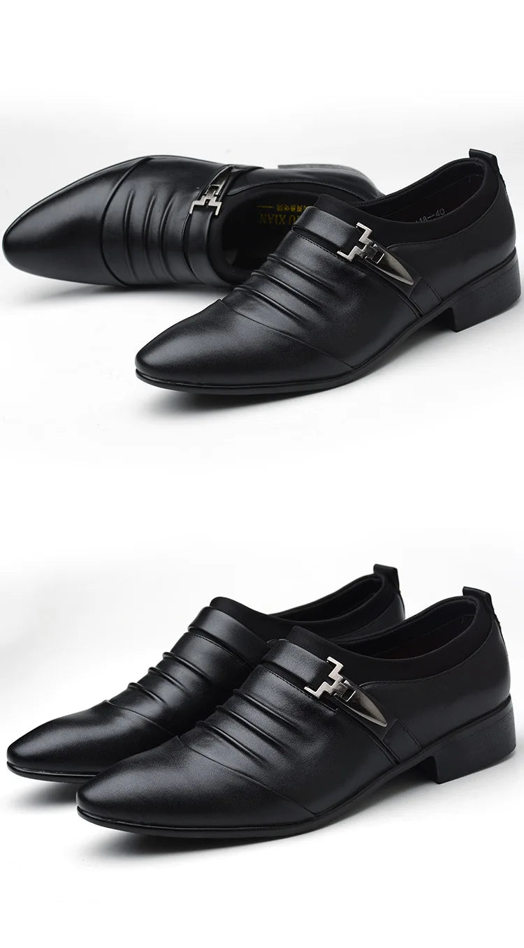 Men Slip On Black Leather Dress Shoes Pointed Toe Rubber Sole Plus Size