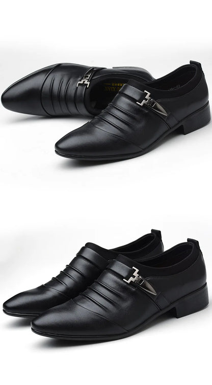 Men Slip On Black Leather Dress Shoes Pointed Toe Rubber Sole Plus Size