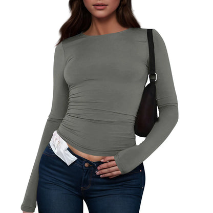 O-Neck Long Sleeve Cropped Top For Women Broadcloth Polyester