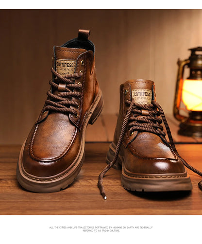 Brown Leather Mens Ankle Boots Lace Up Platform Outdoor