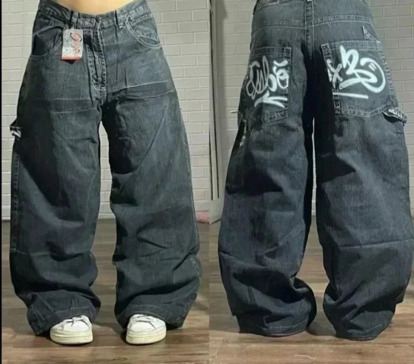 Street Fashion Trend Skull Embroidered Jeans Women Harajuku Y2K New Hip Hop Joker Straight Wide-leg Pants Couple Casual Jeans