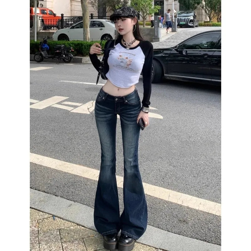 Y2K Slim Fit High Waist Casual Womens Jeans Retro Denim Pants Low Rise Flared Trousers Long Bootcut Drag Autumn for Women