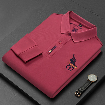 Men's Long Sleeve Polo Shirt Polyester Knit With Horse Embroidery
