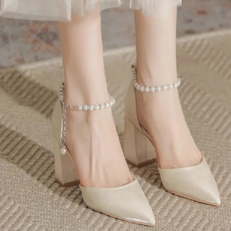 Pearl-Embellished Satin Heels, 5cm Chunky Low Heel, Adjustable Ankle Strap