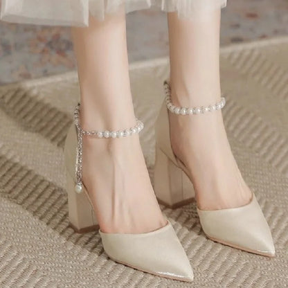 Pearl-Embellished Satin Heels, 5cm Chunky Low Heel, Adjustable Ankle Strap
